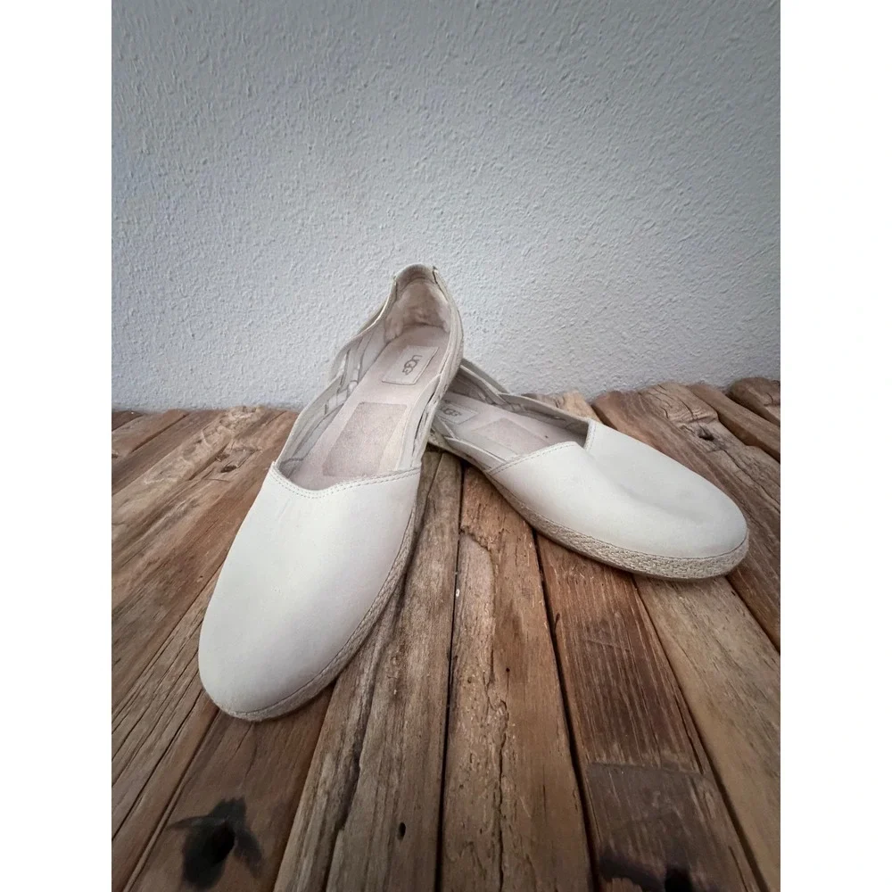 UGG Jass Espadrille Flat 9 White Leather Slip On Strappy Heel 1011187